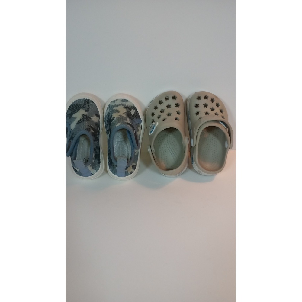 Toddler Boys Size 5 Shoes Bundle Dinosaur Clogs Blue Camo Slip On Sneakers 2pr
